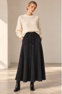 Dark Grey Knitted A-Line Midi Skirt with Pockets - AIMELIA FR579