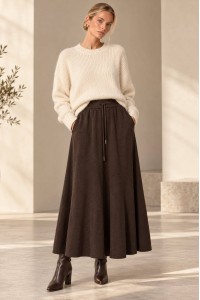 Brown Knitted A-Line Midi Skirt with Pockets - AIMELIA FR578