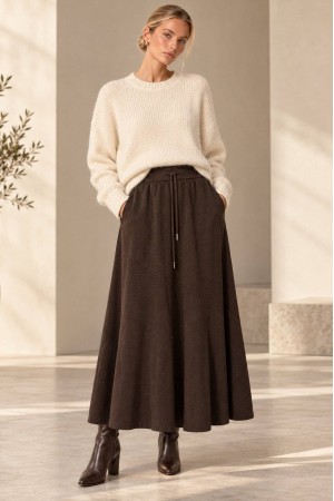 Brown Knitted A-Line Midi Skirt with Pockets - AIMELIA FR578