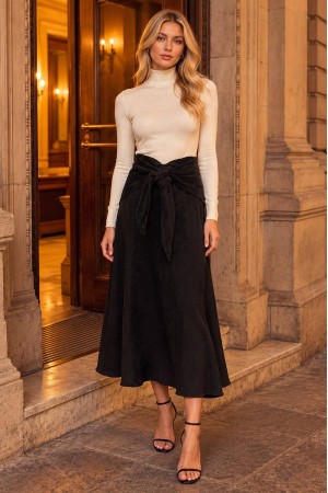 Black Velvet A-Line Midi Skirt with Bow Detail - AIMELIA FR581