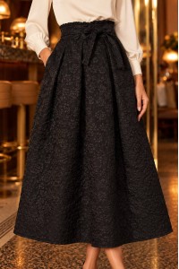 Black Textured Midi Skirt with Tie Belt and Pockets - AIMELIA FR580