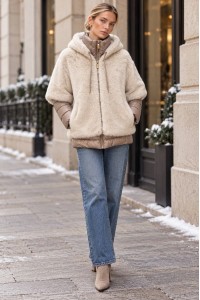 Cream and Beige Two-Piece Faux Fur Quilted Jacket - AIMELIA JR697