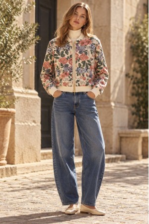 Cream Floral Print Bomber Jacket - AIMELIA JR704