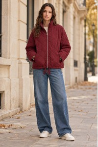 Burgundy High Neck Cropped Quilted Jacket - AIMELIA JR693