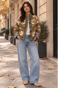Olive Floral Suede-Effect Cropped Jacket - AIMELIA JR692