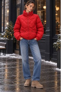 Red High Neck Cropped Puffer Jacket - AIMELIA JR700
