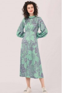 Green floral printed dress, roll neck and puff sleeves, Aimelia DR4344