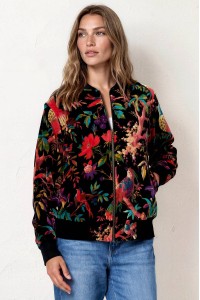 Jacheta neagra cu imprimeu floral exotic si inchidere cu fermoar Roh JR688