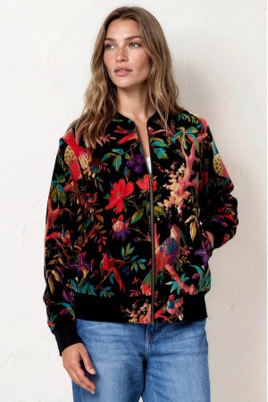 Jacheta neagra cu imprimeu floral exotic si inchidere cu fermoar Roh JR688