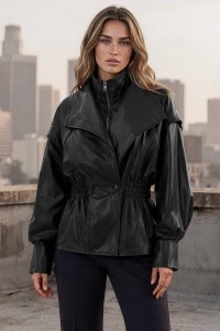  Jacheta neagra de dama cu buzunare din piele ecologic Roh JR691