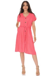ROH Linen Blend Midi Dress with Pockets Coral DR4756