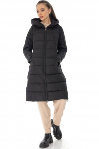 Longline quilted coat Aimelia JR598 Black with an attached hood