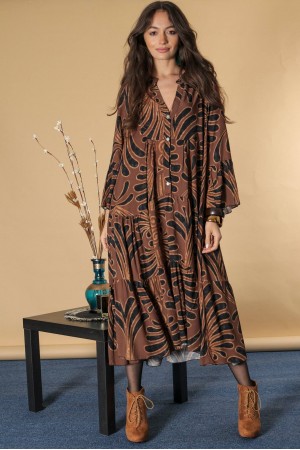 Oversized printed viscose maxi dress , Brown, Aimelia DR4640