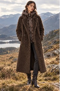 Brown Long Faux Fur Coat with Detachable Quilted Hood - AIMELIA JR703