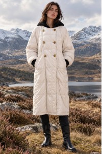 Cream Long Quilted Coat with Detachable Knitted Hood - AIMELIA JR702
