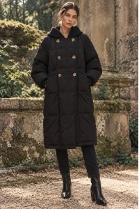 Black Long Quilted Coat with Detachable Knitted Hood - AIMELIA JR701