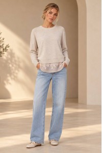 Cream Fine Knit Jumper with Satin and Lace Hem - AIMELIA BR2997