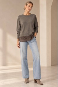 Khaki Fine Knit Jumper with Satin and Lace Hem - AIMELIA BR2996