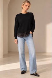 Black Fine Knit Jumper with Satin and Lace Hem - AIMELIA BR2994