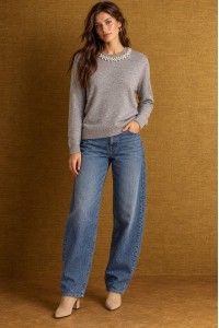 Light Grey Pearl Detail Round Neck Jumper - AIMELIA BR3042