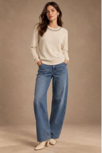 Cream Pearl Detail Round Neck Jumper - AIMELIA BR3043