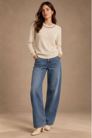 Cream Pearl Detail Round Neck Jumper - AIMELIA BR3043