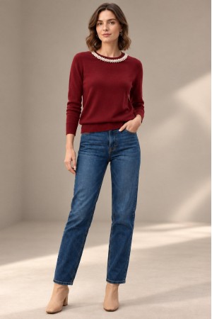 Burgundy Pearl Detail Round Neck Jumper - AIMELIA BR3044