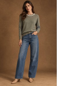Dark Grey Pearl Detail Round Neck Jumper - AIMELIA BR3045