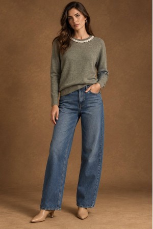 Dark Grey Pearl Detail Round Neck Jumper - AIMELIA BR3045