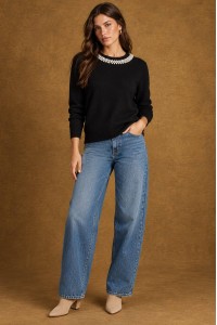 Black Pearl Detail Round Neck Jumper - AIMELIA BR3040