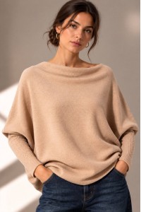 Pulover moale, asimetric, Beige, Roh Br3048