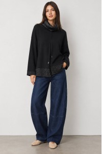 Black Polo Neck Jumper with Sparkling Satin Hem - AIMELIA BR2986