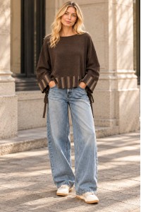 Brown Oversized High-Low Jumper with Side Ties - AIMELIA BR2991