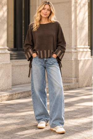Brown Oversized High-Low Jumper with Side Ties - AIMELIA BR2991