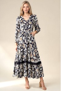 Navy and White Floral Long Sleeve Maxi Dress | AIMELIA DR4848