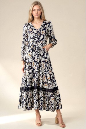 Navy and White Floral Long Sleeve Maxi Dress | AIMELIA DR4848