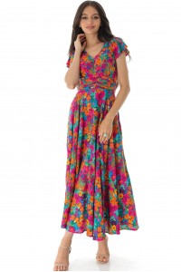 FLORAL RUCHED FRONT MAXI DRESS IN PINK