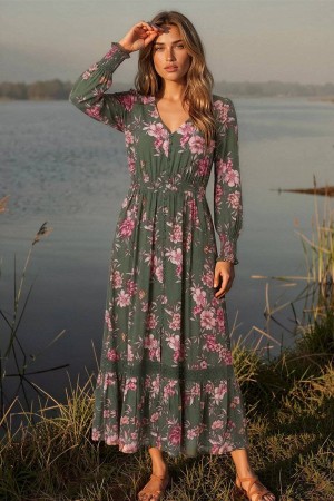 Rochie maxi Verde cu maneca lungi si imprimeu floral Roh Dr4858