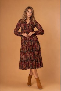 Brown Paisley Chiffon Midi Dress with Pockets - AIMELIA DR4883