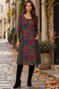  Rochie midi gri cu imprimeu floral ÃƒÂ®n contrast si buzunare Roh Dr4855