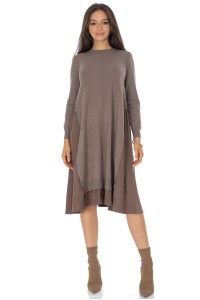 Brown Oversized Wool Blend Midi Dress with Contrast Panels - AIMELIA DR4795