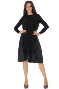 Black Oversized Wool Blend Midi Dress with Contrast Panels - AIMELIA DR4793