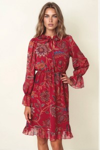 Women’s Burgundy Floral Midi Dress with Elasticated Waist