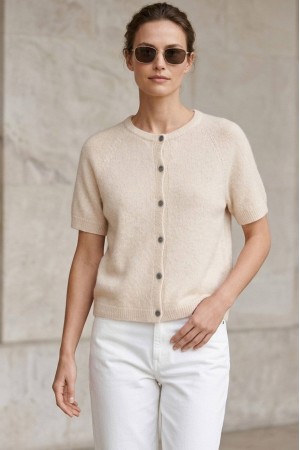 Womens Beige Short Sleeve Cardigan in Alpaca wool  ROH BR2972