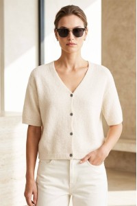 Womens Cream V Neck Short Sleeve Cardigan  in Alpaca wool ROH BR2973