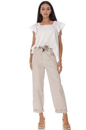 Casual barrel leg trousers in cotton with a contrasting belt Stone Roh TR578