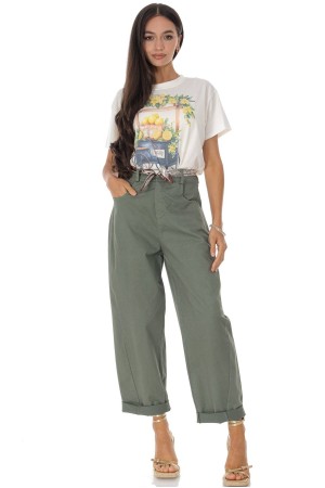 Casual barrel leg trousers in cotton with a contrasting belt Khaki Roh TR579