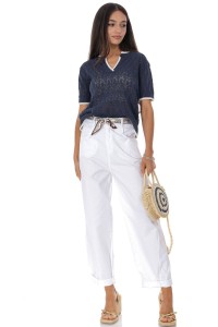 Casual barrel leg trousers in cotton with a contrasting belt White Roh TR580