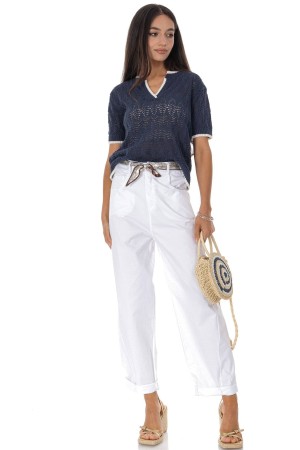 Casual barrel leg trousers in cotton with a contrasting belt White Roh TR580