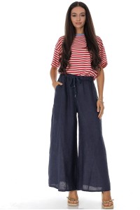 Wide leg linen trousers with pockets in Navy Roh TR582